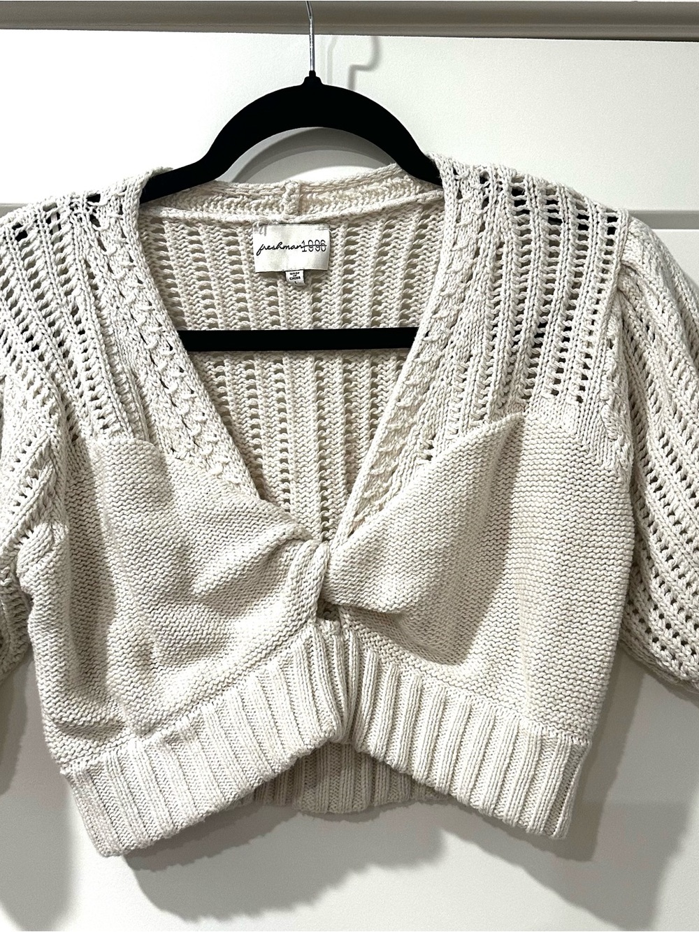 Freshman1996 Cream Cropped V-Neck Bow-Front Sweater
